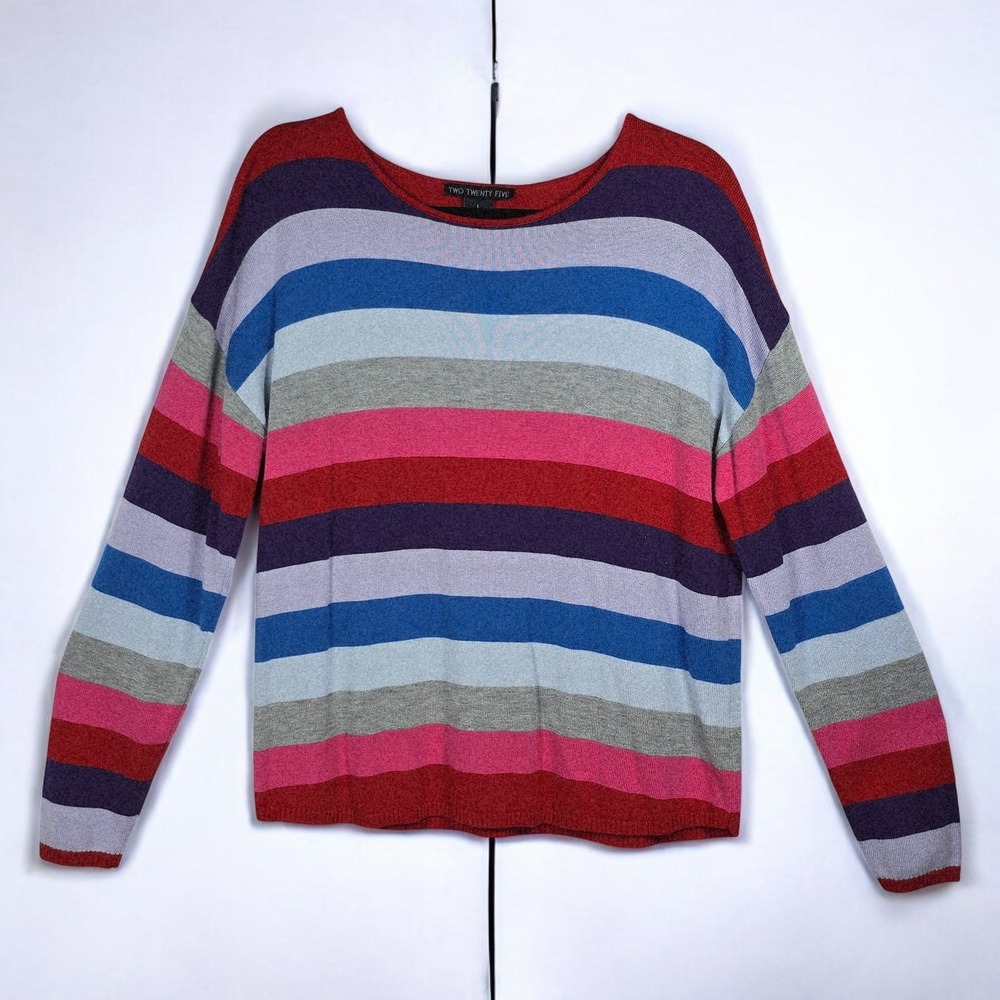 TWO TWENTY FIVE Sweater Top Women Large Striped Crew Neck Cashmere Blend